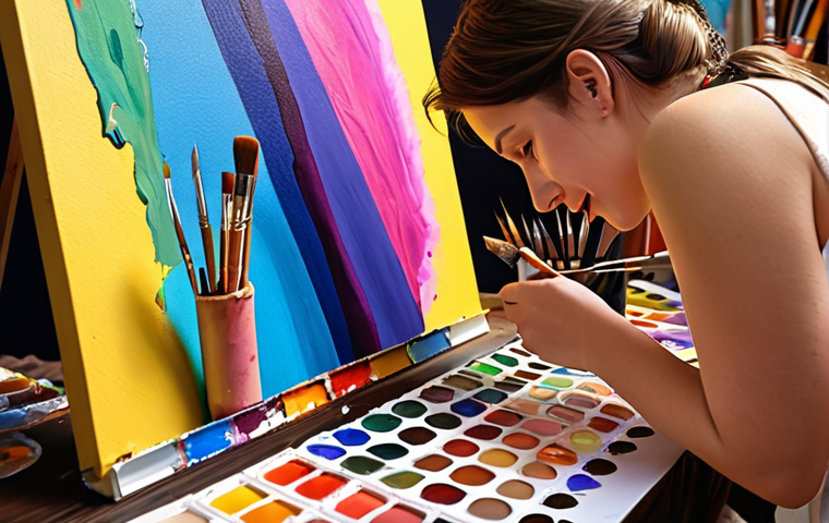 A person deeply engrossed in painting, surrounded by vibrant colors and artistic tools, reflecting the joy of creative expression.